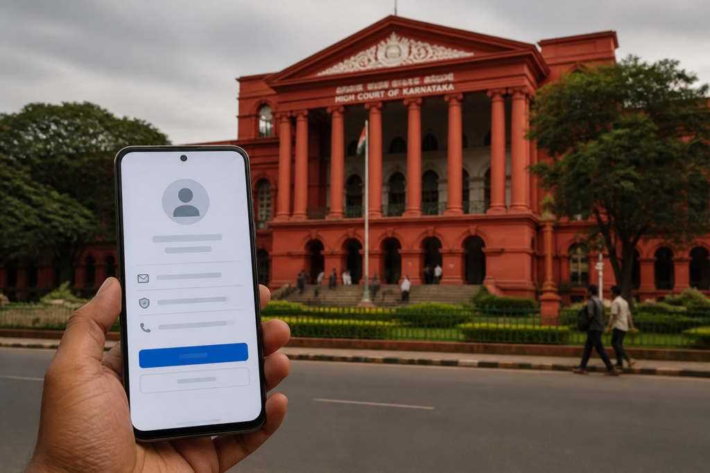 Facebook page restoration order displayed on a smartphone beside a Bengaluru courthouse