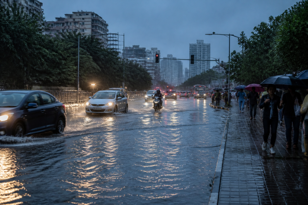 Bengaluru rain forecast showing a waterlogged city road during heavy rainfall