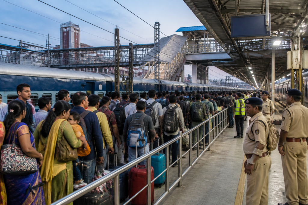 Hyderabad Dasara travel rush at a crowded railway station with passengers and railway staff