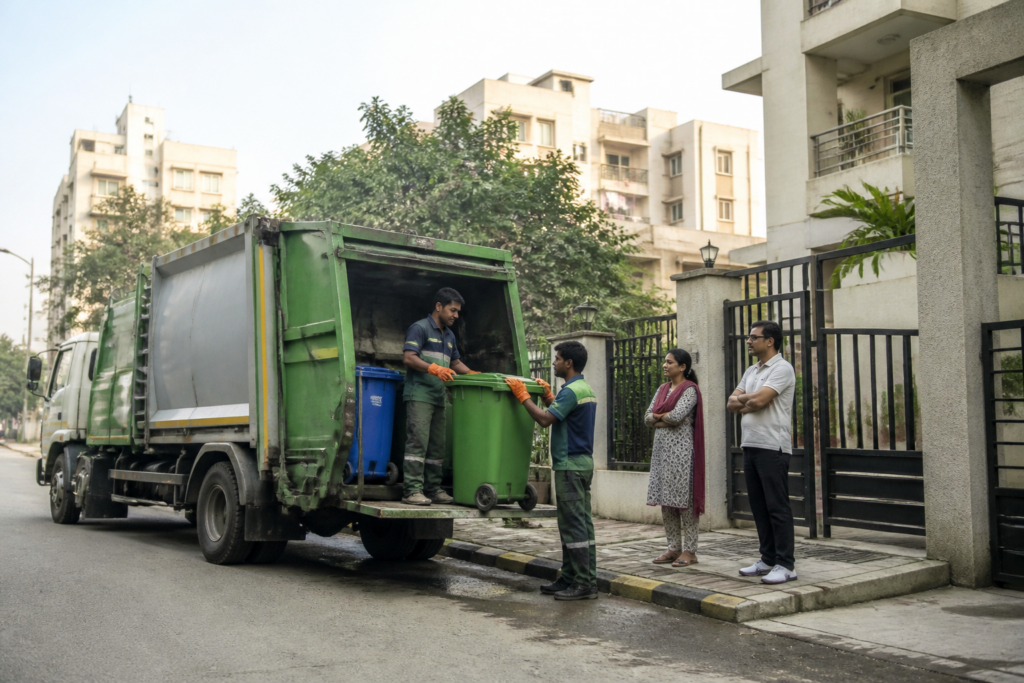 Sanitary waste collection compartment on a municipal garbage vehicle in Pimpri-Chinchwad