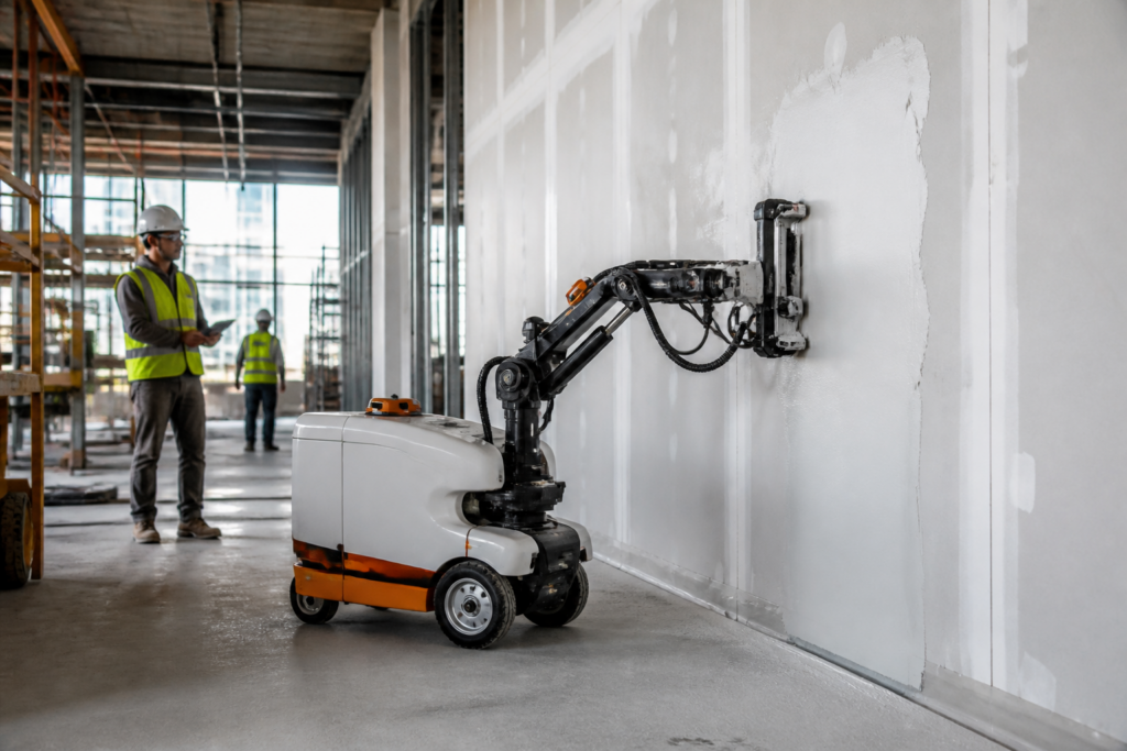 Construction robotics startup Origin's OG-1 robot performing interior wall-finishing work on a live job site