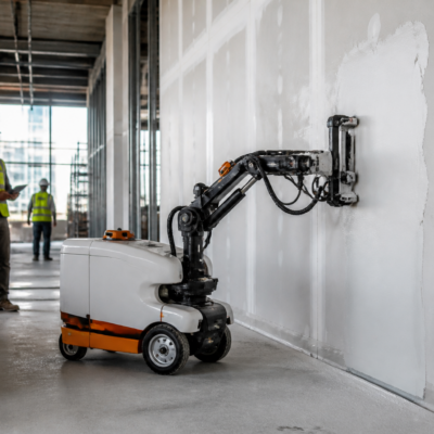 Construction robotics startup Origin's OG-1 robot performing interior wall-finishing work on a live job site