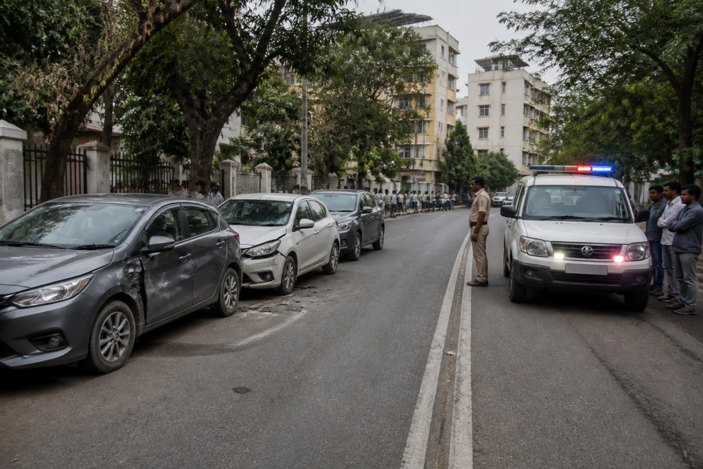 Police vehicle and damaged cars after a Pune driver was detained on MIT College Road