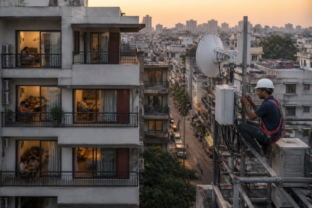 Jio broadband network equipment supporting home connectivity in an Indian urban neighbourhood