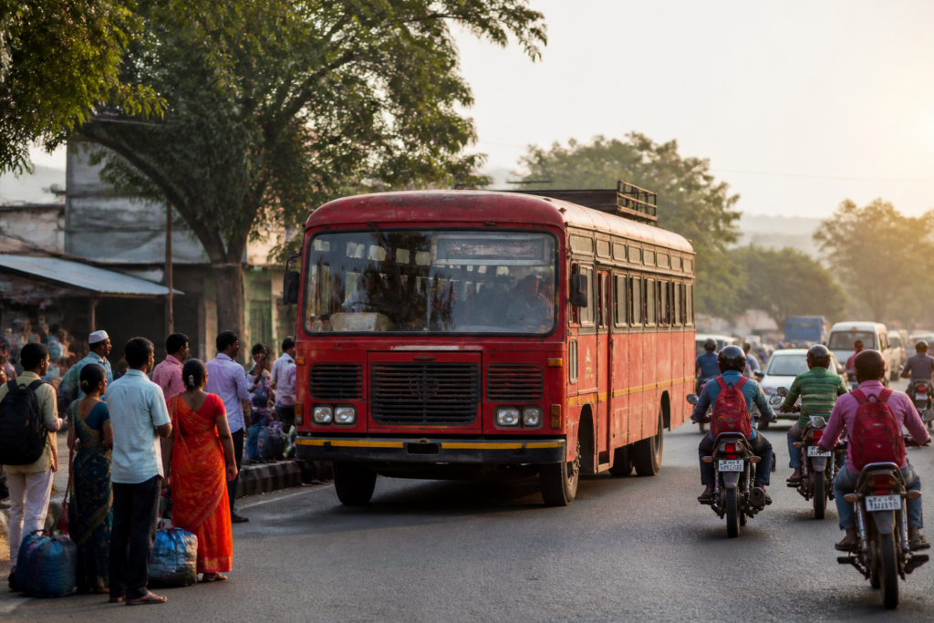 MSRTC red bus on a Maharashtra road as the proposed Diwali fare hike is rejected