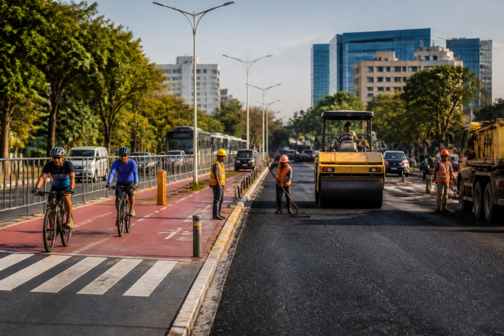 PCMC road makeover works along a Pimpri-Chinchwad urban corridor with cycle tracks and improved lighting