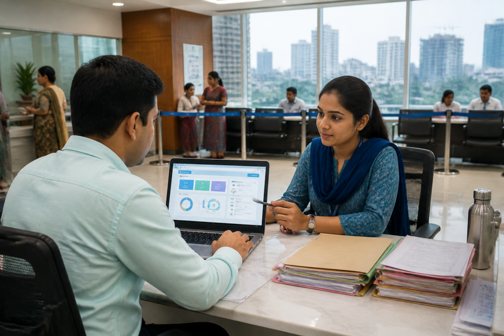 Maharashtra digital governance platform shown on a laptop beside government service documents