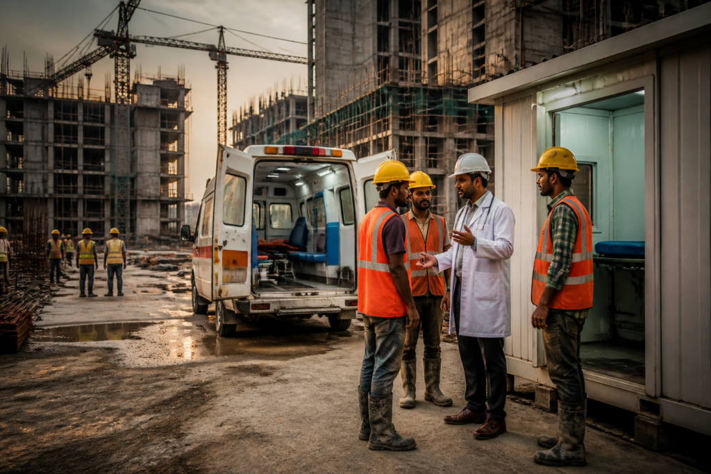 Construction site safety rules with workers and medical support at a Kolkata building project