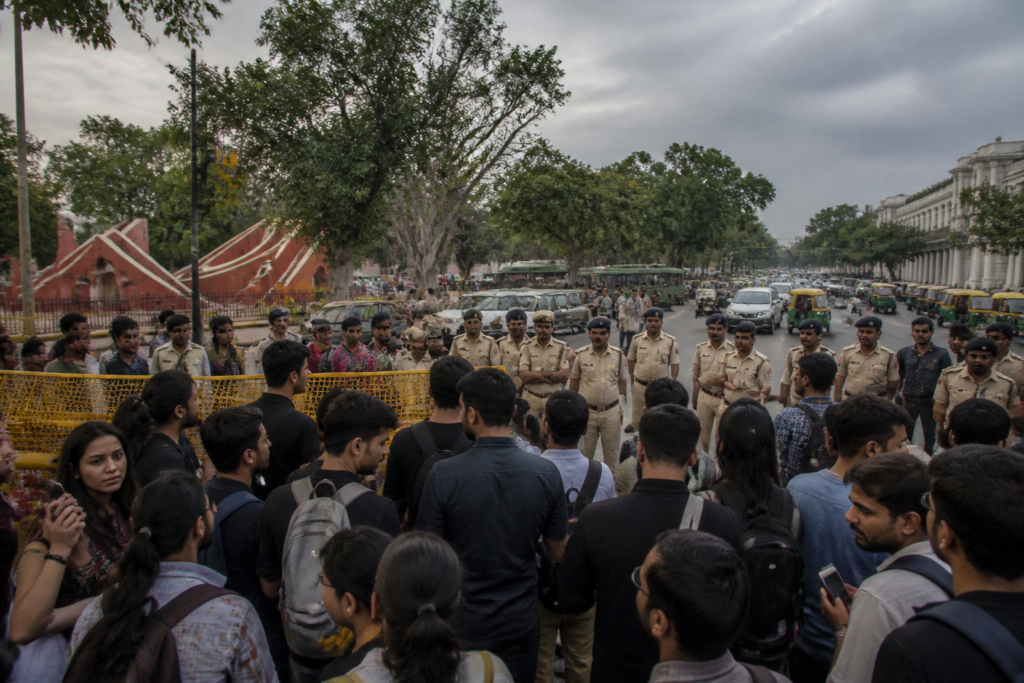 Jantar Mantar protests with demonstrators and police near Delhi’s central protest zone