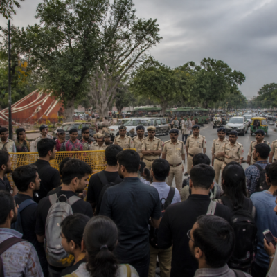 Jantar Mantar protests with demonstrators and police near Delhi’s central protest zone