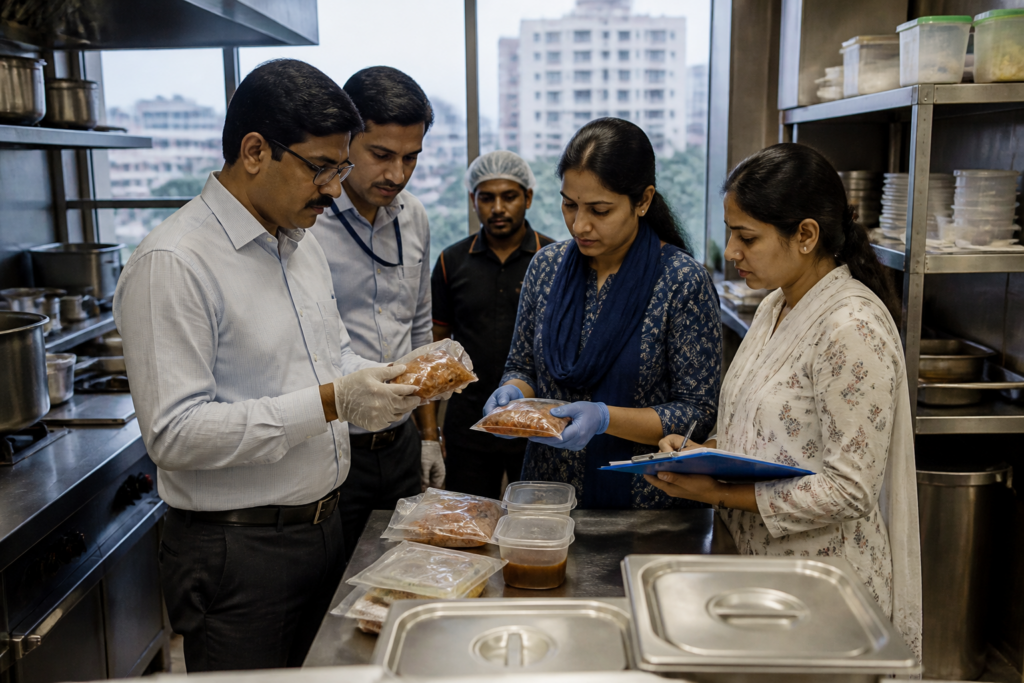 Hyderabad food safety officials inspecting a restaurant kitchen after a diner’s complaint