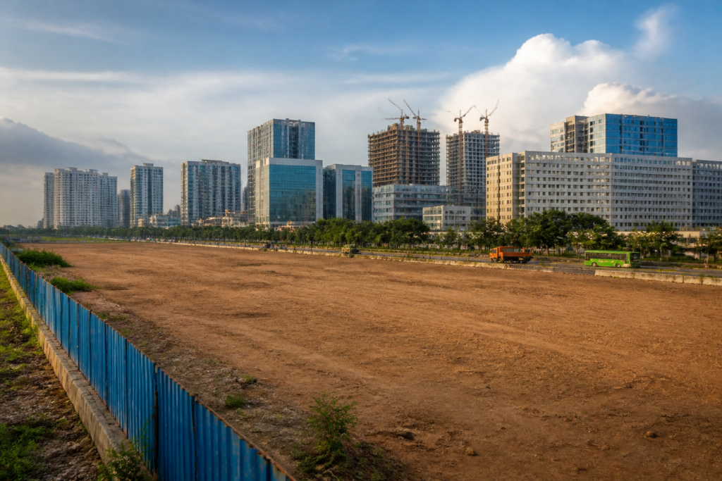 Raidurg land auction site in Hyderabad’s Knowledge City with commercial towers in the background