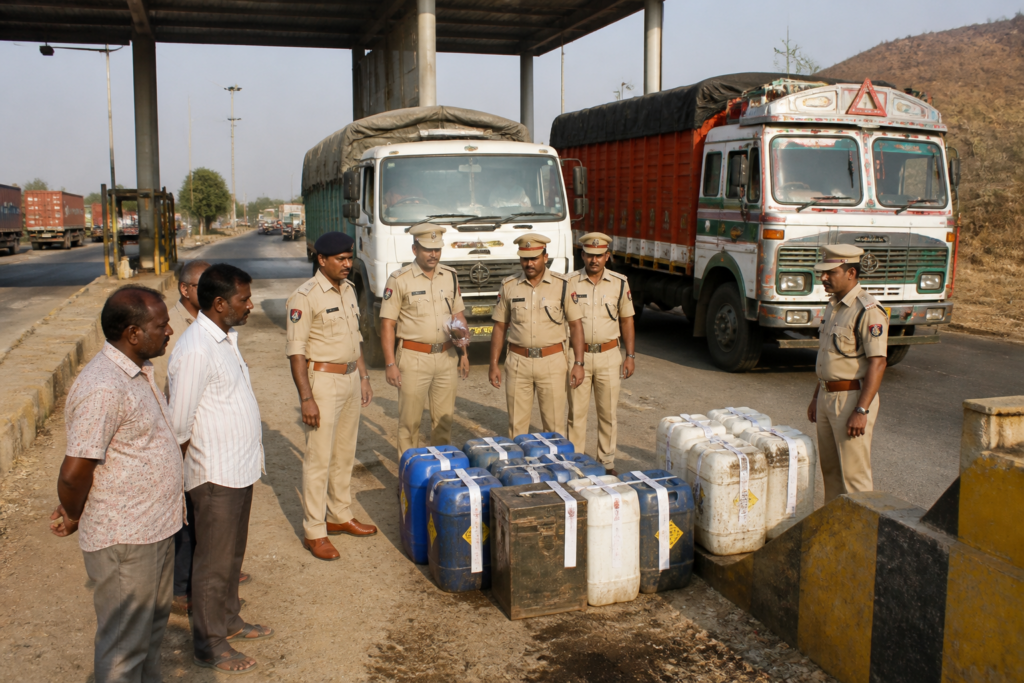 Police explosives seizure at a Telangana checkpoint involving vehicles and sealed industrial materials