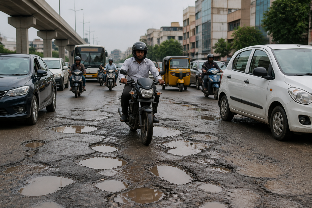 Hyderabad back pain concerns linked to a commuter riding on a pothole-marked urban road