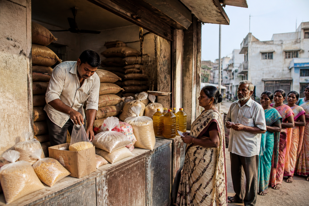 Tamil Nadu ration supplies arranged at a public distribution shop
