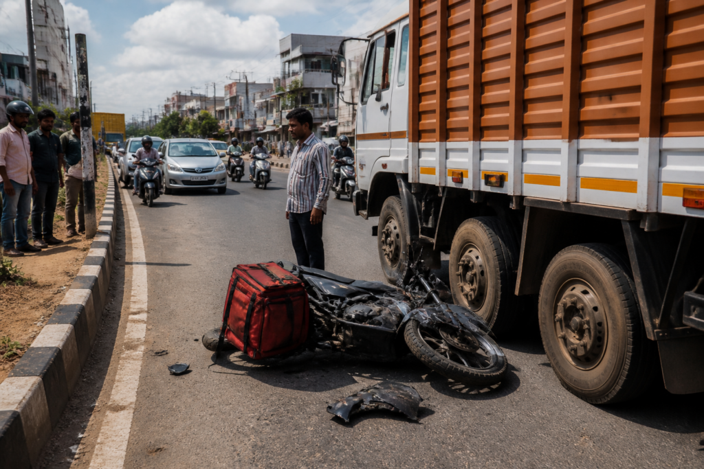 Trichy lorry crash scene on an urban road with a delivery motorcycle and commercial truck