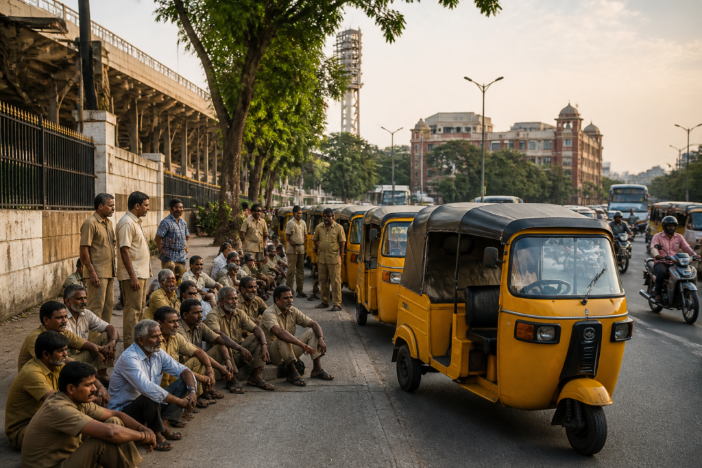 Tamil Nadu auto fare hike protest by auto drivers near Rajarathinam Stadium in Chennai