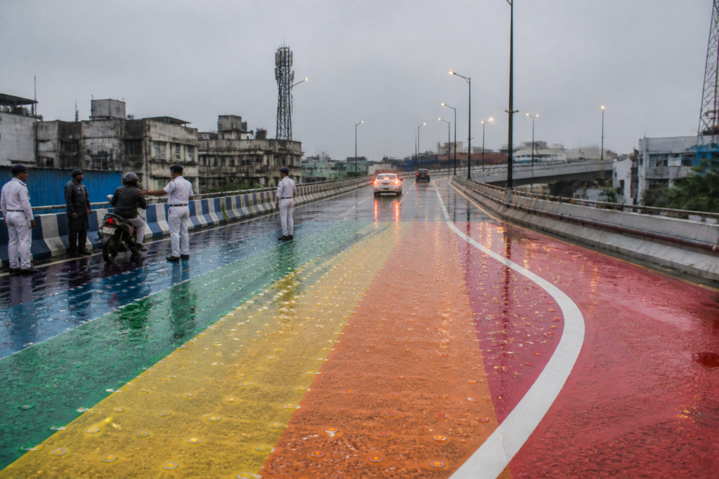 Chingrighata flyover in Kolkata with wet painted road surface after rain