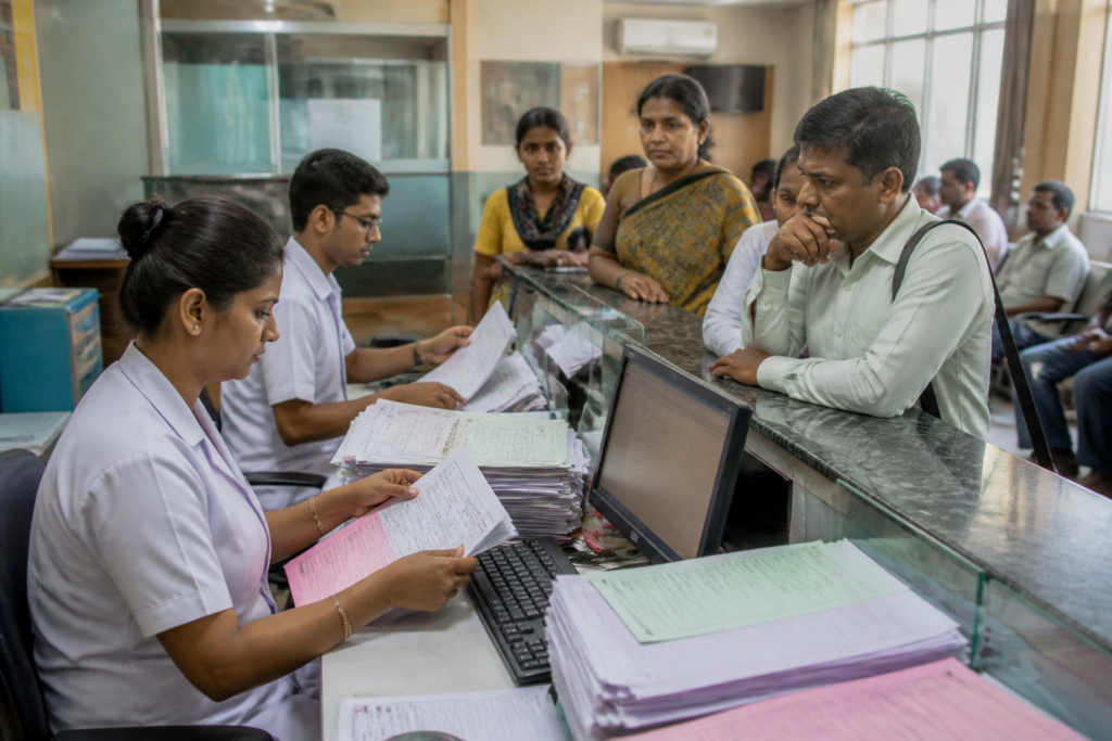 Ayushman Bharat West Bengal health insurance paperwork at a hospital administration desk