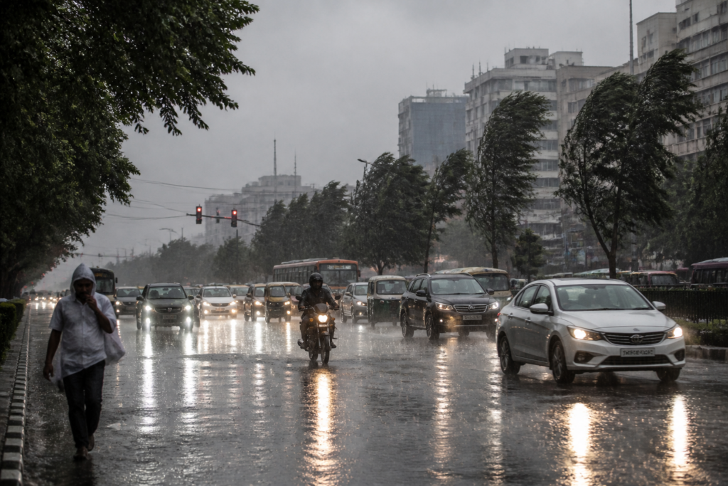 Delhi rain falling over a wet city road as temperatures drop and air quality improves