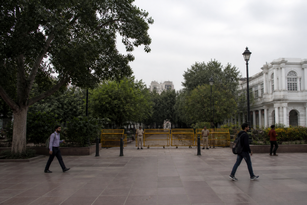 Connaught Place Central Park closure notice and security presence in central Delhi