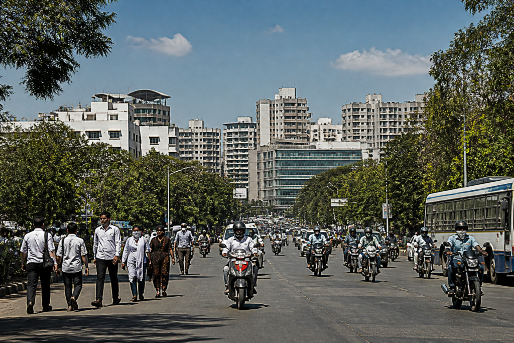 Pune temperature rises over a sunlit urban road under clear October skies