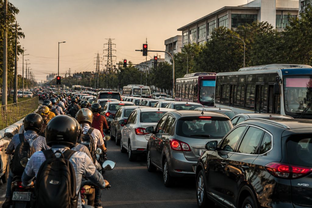 Pune traffic congestion on a busy urban road with cars, buses and signal infrastructure