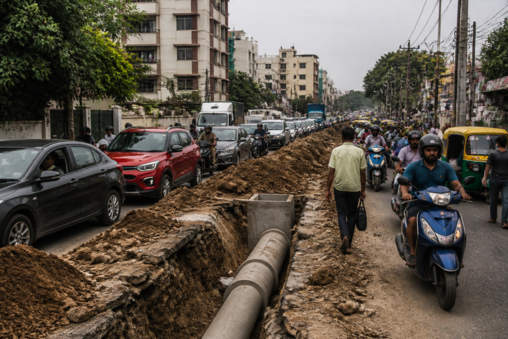 G.M. Palya traffic congestion near drain works in Bengaluru