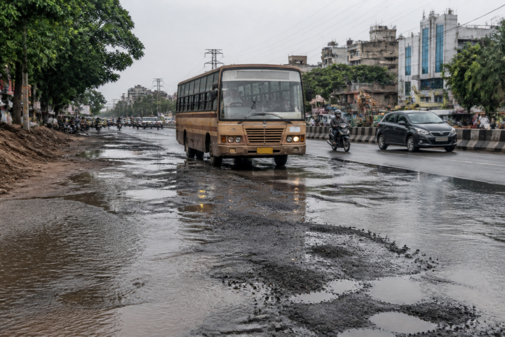 Damaged Chennai bus route road awaiting repairs before the Northeast monsoon