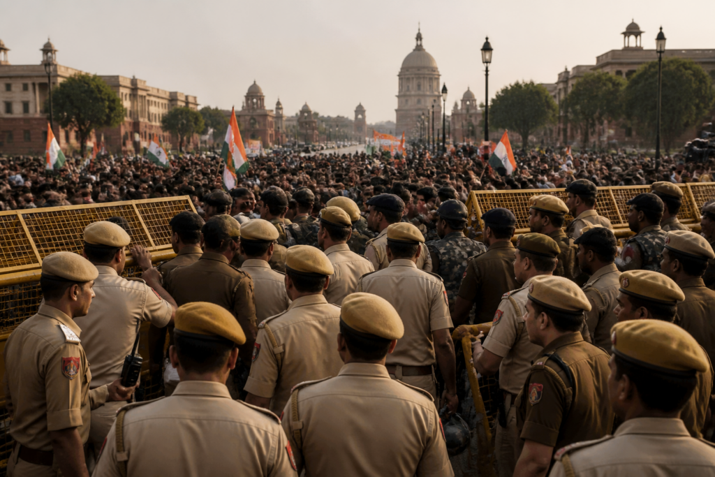 Delhi Police personnel managing a protest in New Delhi amid an FIR demand