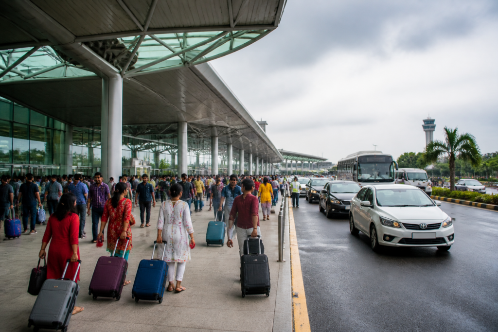 Hyderabad airport terminal during a festive travel rush with passengers arriving early
