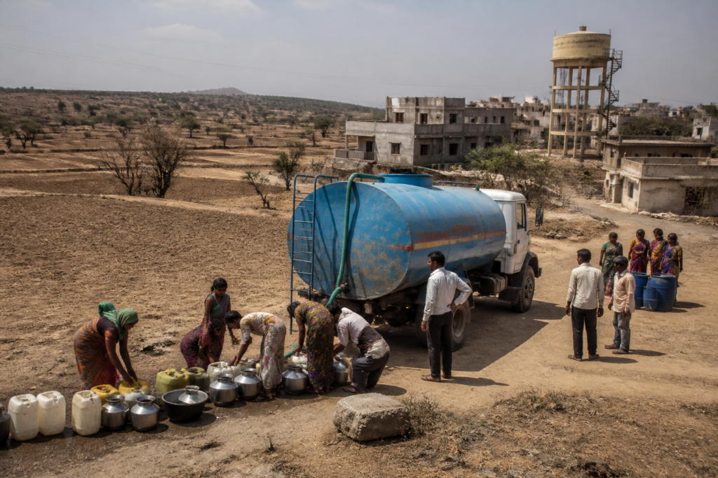 Maharashtra drought response with a tanker supplying water beside dry agricultural land
