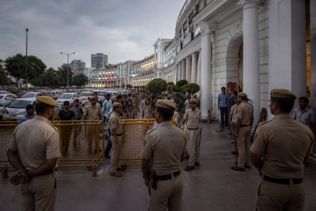 Delhi Police security arrangements near Connaught Place Central Park amid march restrictions