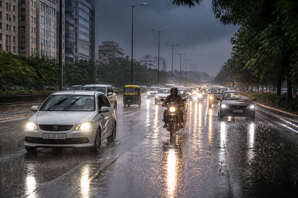 Delhi rain falling on a city road as motorists drive with headlights on