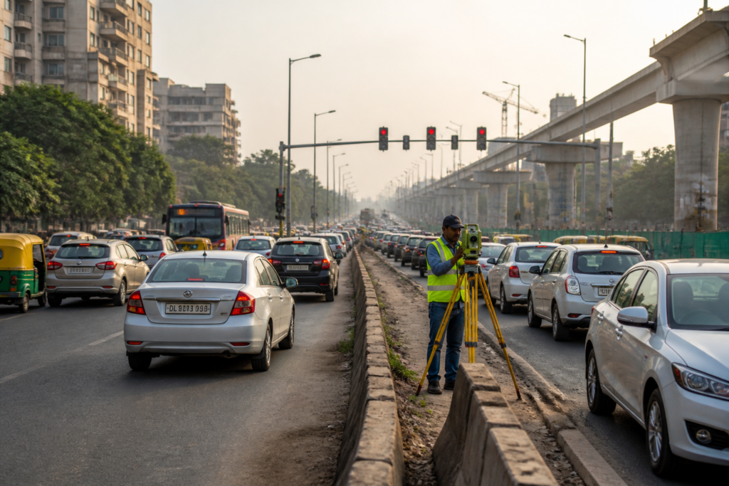 Proposed Ashram-Badarpur corridor on Mathura Road with heavy Delhi traffic and flyover construction context