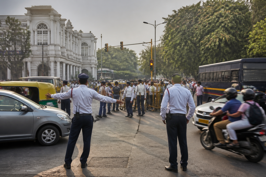 Delhi traffic advisory near Connaught Place during a planned public march