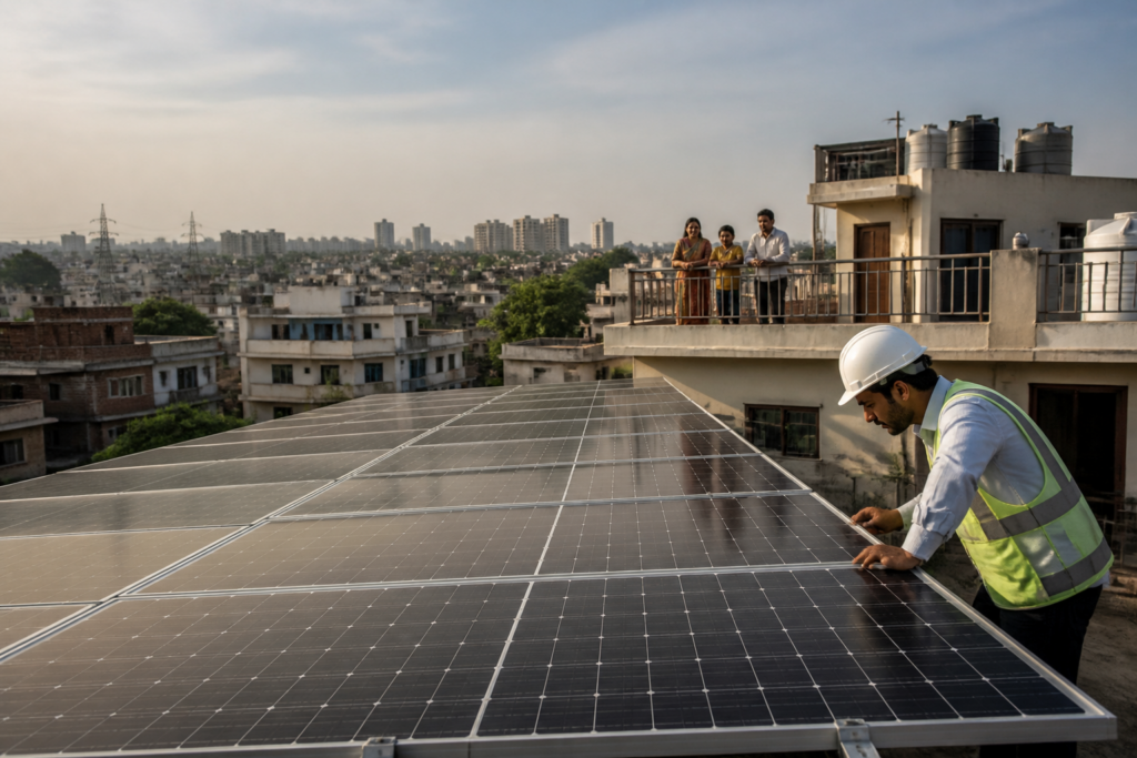 Delhi rooftop solar panels on an urban residential building