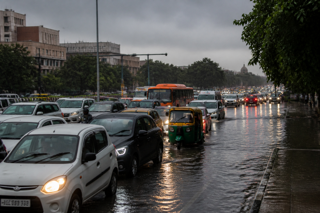 Delhi rain traffic jam near a waterlogged road with cars and buses waiting