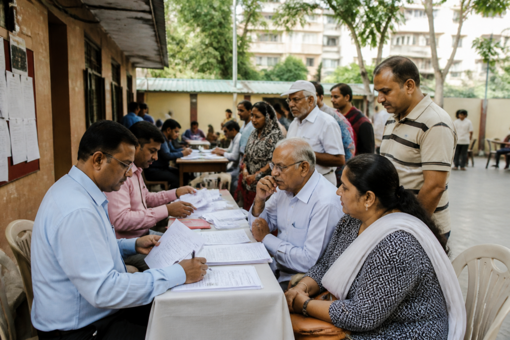 Maharashtra voter registration camps at a polling station with citizens seeking electoral roll assistance