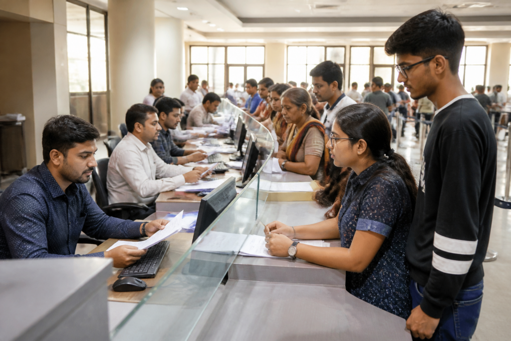 Gujarat voters list revision notice and residents checking electoral details at an urban election office