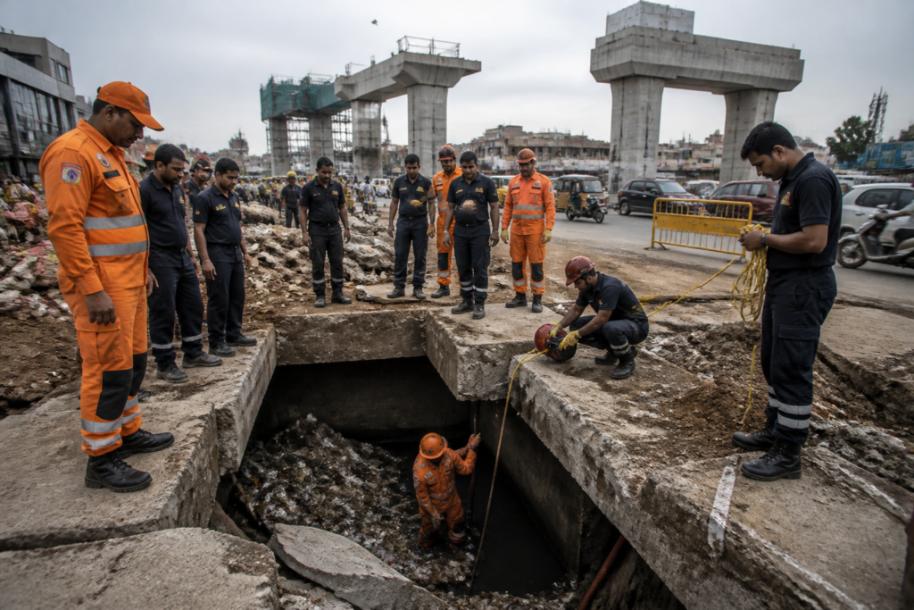 Ahmedabad open drain search near a highway construction site with rescue personnel inspecting the drainage network