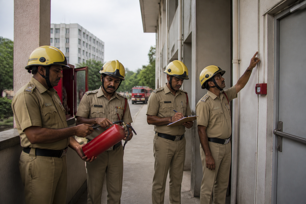 Odisha fire safety inspection at a building with fire service personnel checking emergency equipment