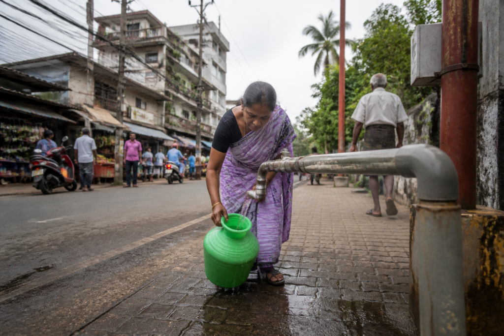 Kochi public water taps on a city street amid buildings and roadside activity