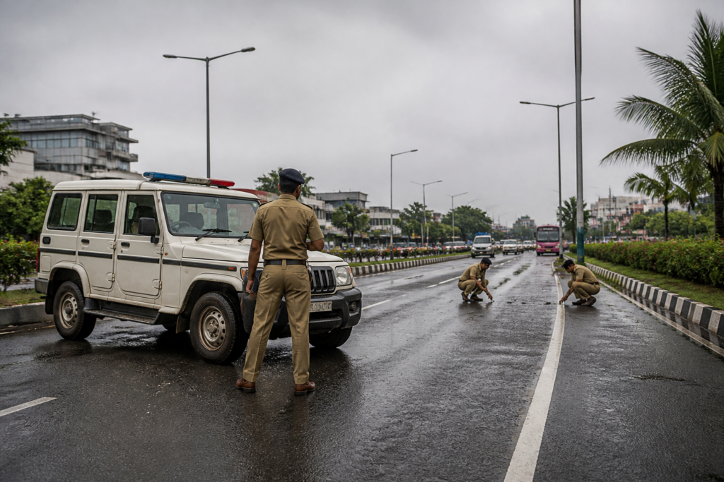 Police vehicle at the Nedumbassery accident site during evidence collection