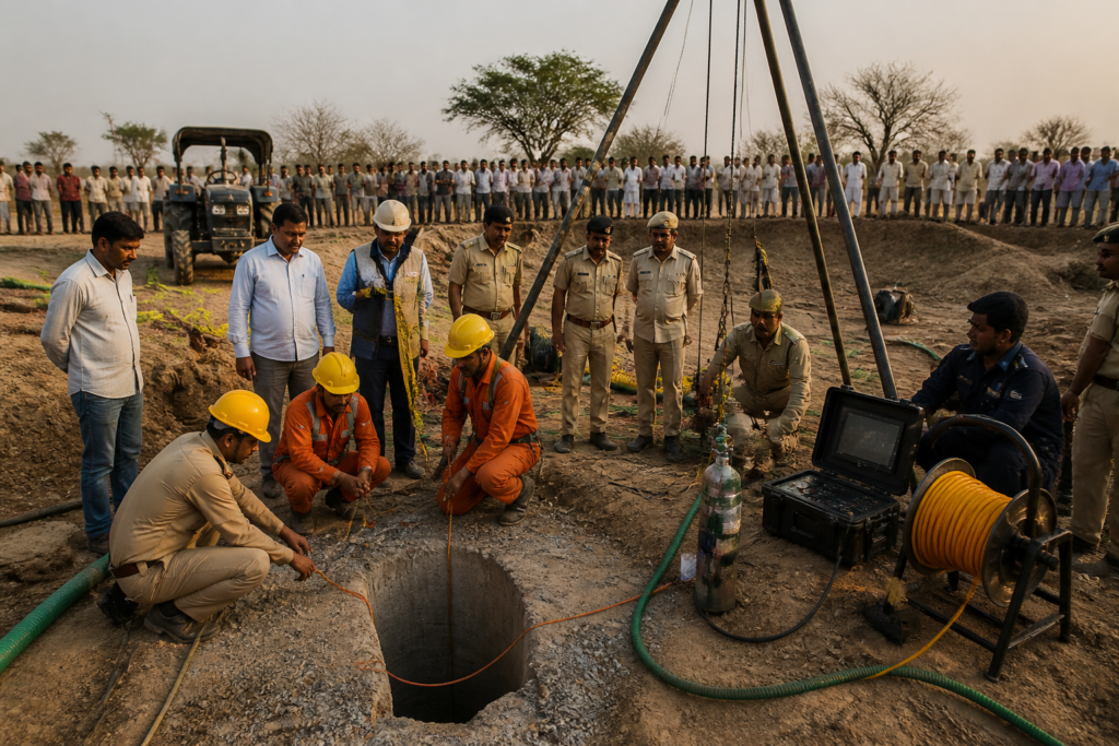 Phalodi borewell rescue teams working near a farm after a child fell into a deep shaft