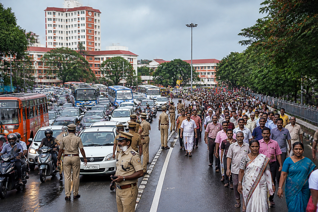 Thiruvananthapuram traffic congestion during multiple public marches on a central city road