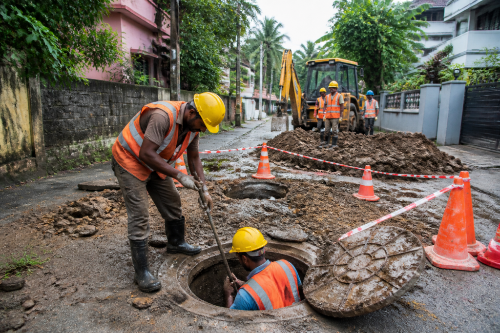 Thiruvananthapuram sewer upgrade work near an urban road and underground utility network