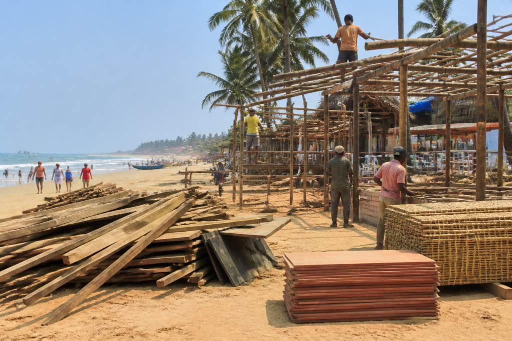 Goa beach shacks under construction along the Calangute-Candolim coastline