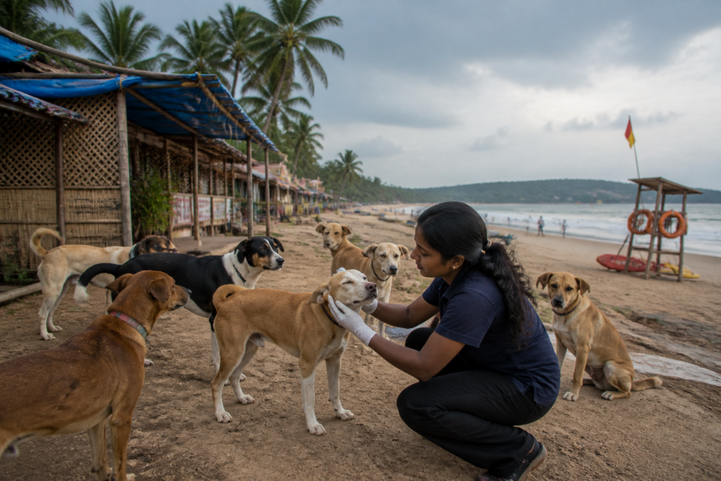 Goa stray dog management plan covering dogs on a beach near coastal shacks