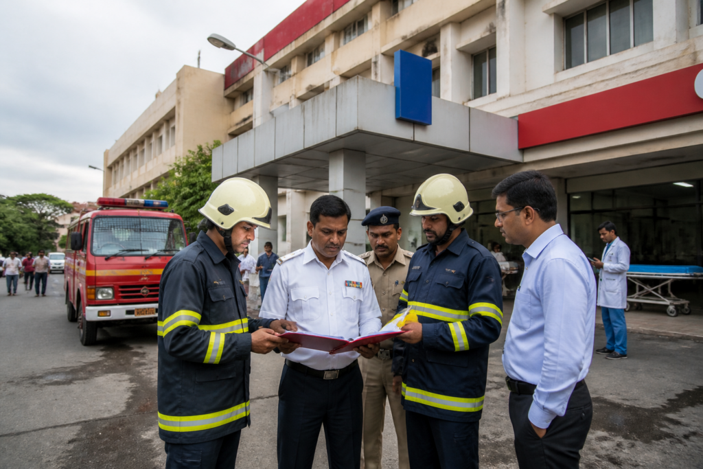 Raipur hospital fire safety inspection linked to a suspected fake fire NOC